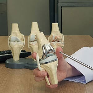 A person holding a knee model, discussing a knee replacement implant recall claim with an attorney.